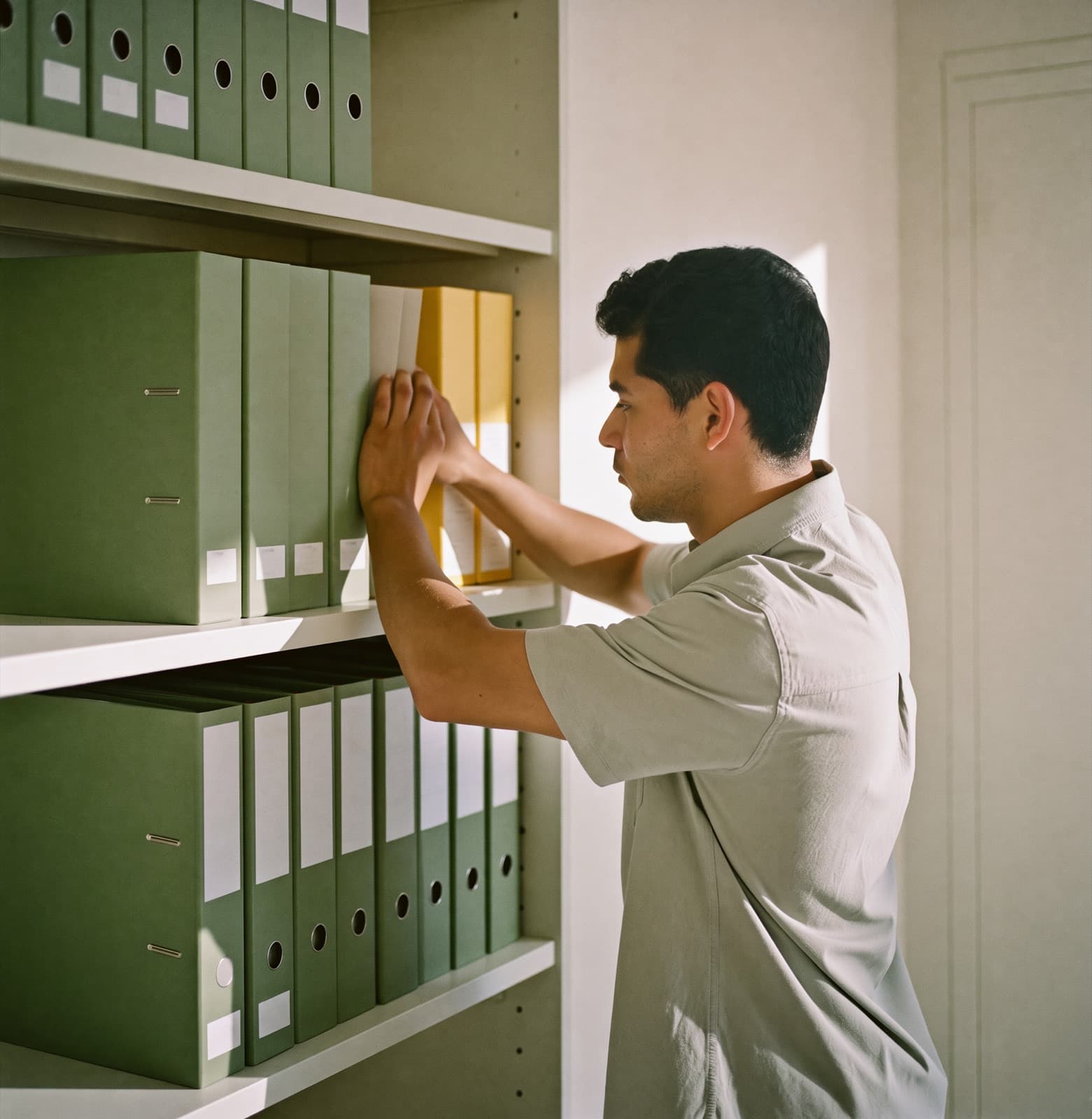 Un auxiliar acomoda una carpeta en un estante de archiveros.